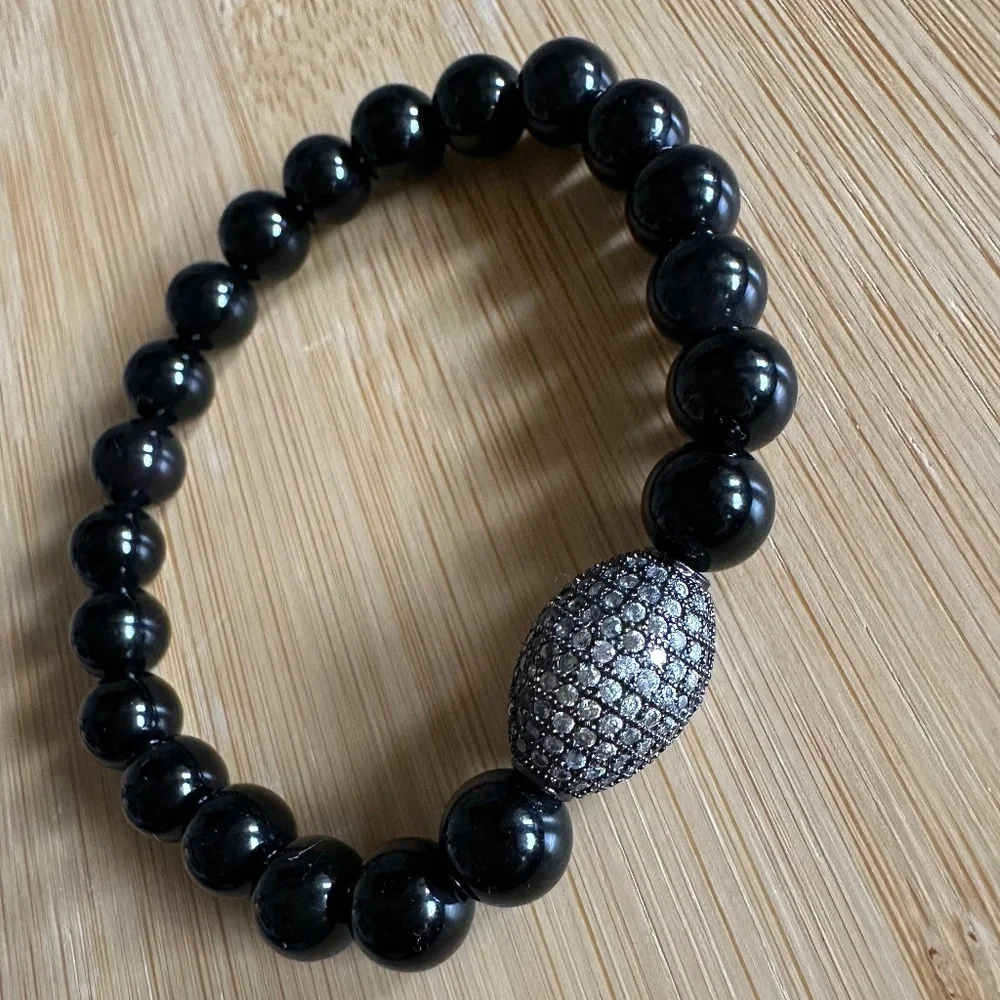 Black Onyx Beaded Bracelet 8mm Pave Crystal Spacer Stretch 6.25”